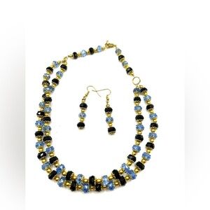 Necklace and Earrings Set Blue and Black Sparkling Beads Gold Tone Layered